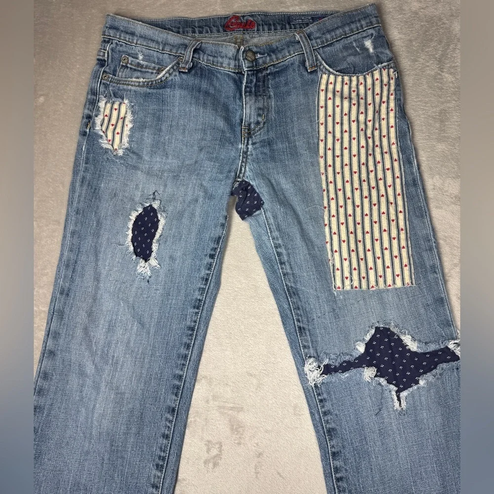 Y2K Blue Cult Midrise Kate Flare Patchwork Denim Distressed Blue Jeans Size 31